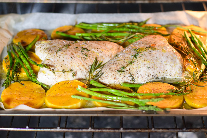 One pan turkey cooking in oven