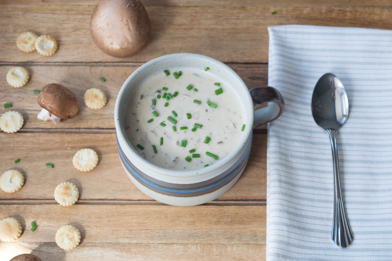 overhead shot of cream of mushroom soup