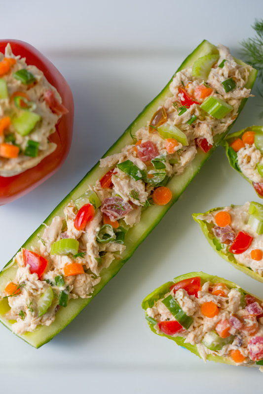 cucumber boat stuffed with chicken salad