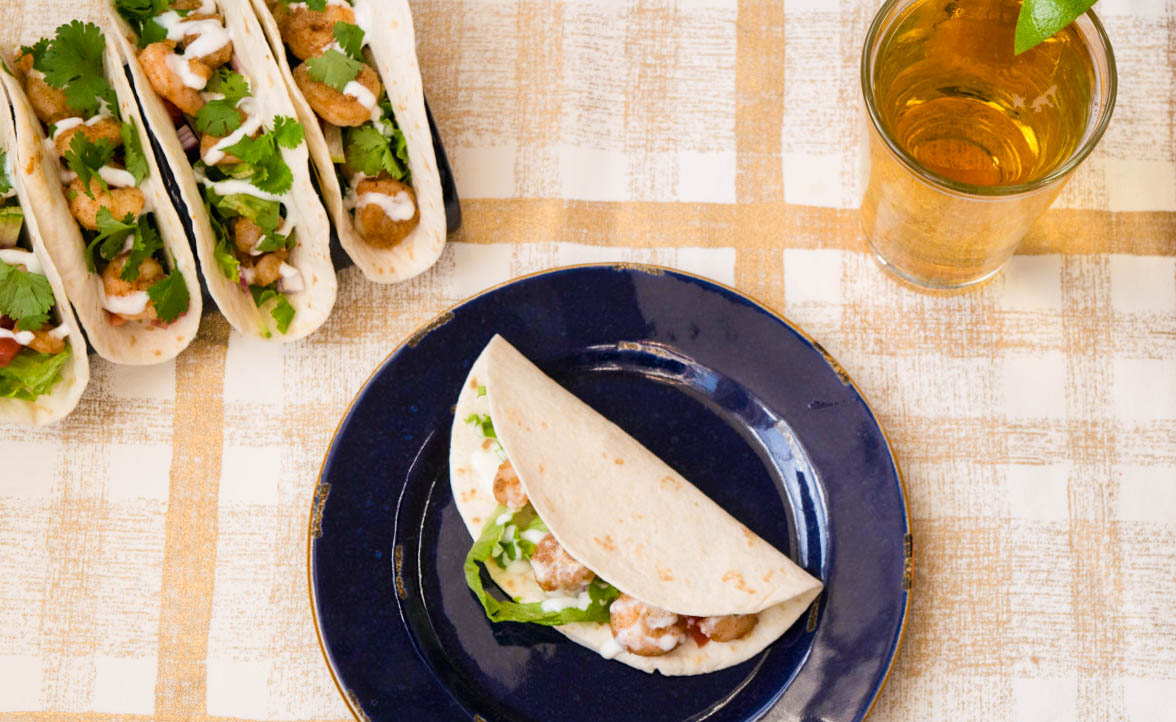 overhead shot of shrimp tacos