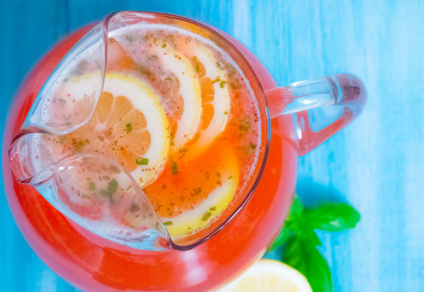 overhead shot of strawberry basil lemonade