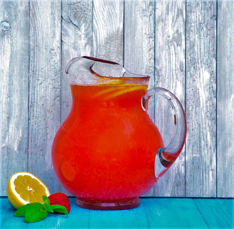 pitcher of strawberry basil lemonade