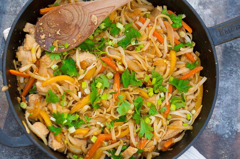 homemade pad thai in emeril cast iron skillet