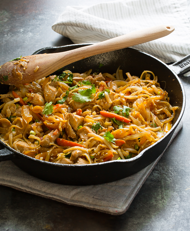 homemade pad thai in a skillet