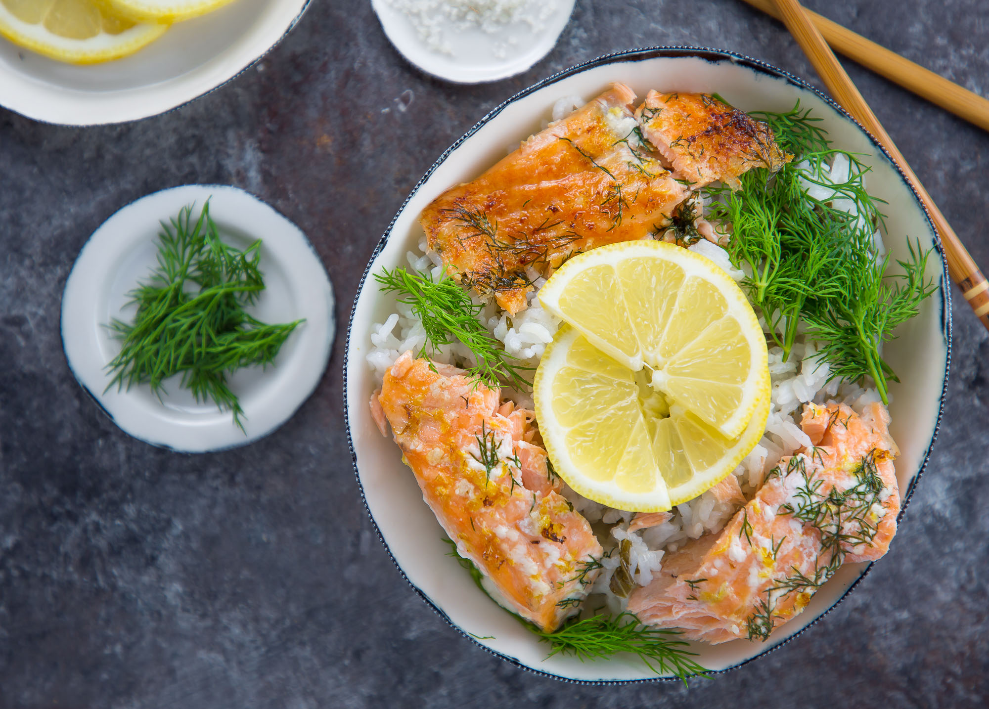 baked salmon with lemon and dill rice bowl