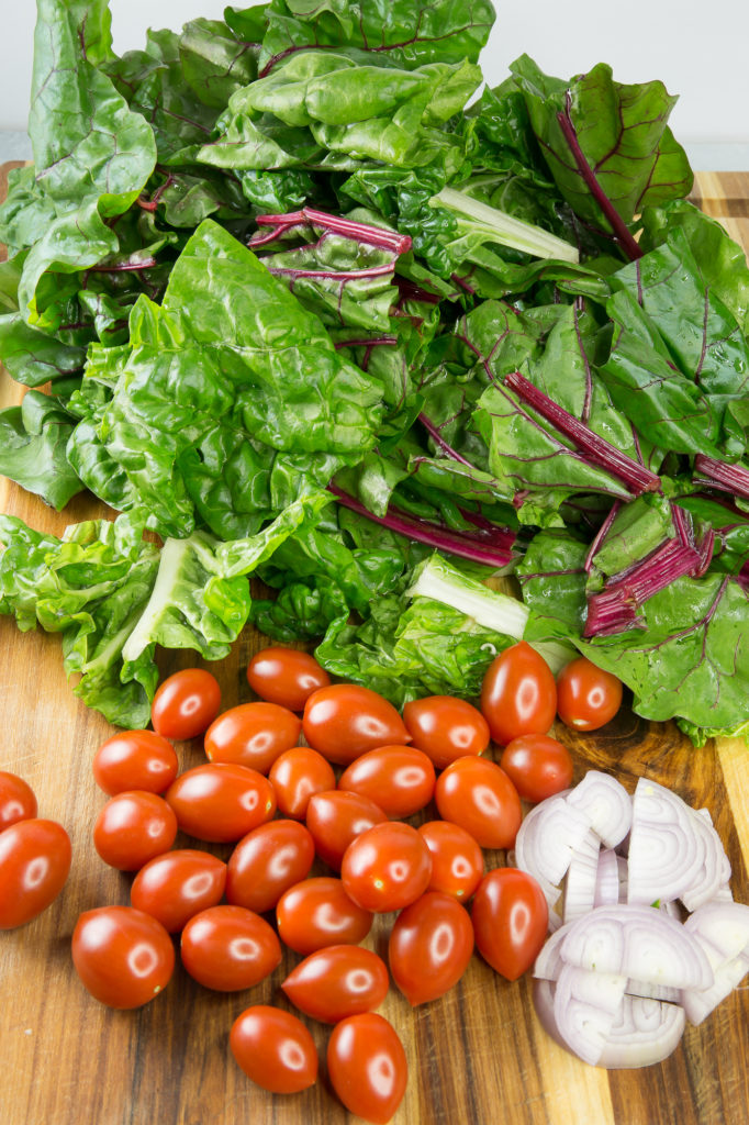 rainbow chard, shallots, and grape tomatoes