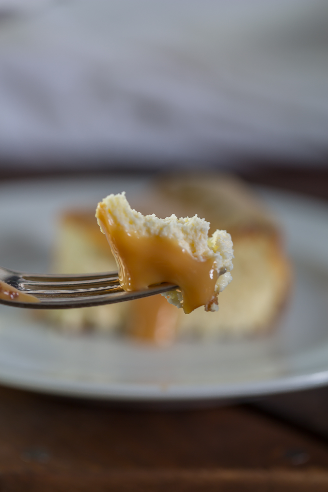 bite of dulce de leche cheesecake