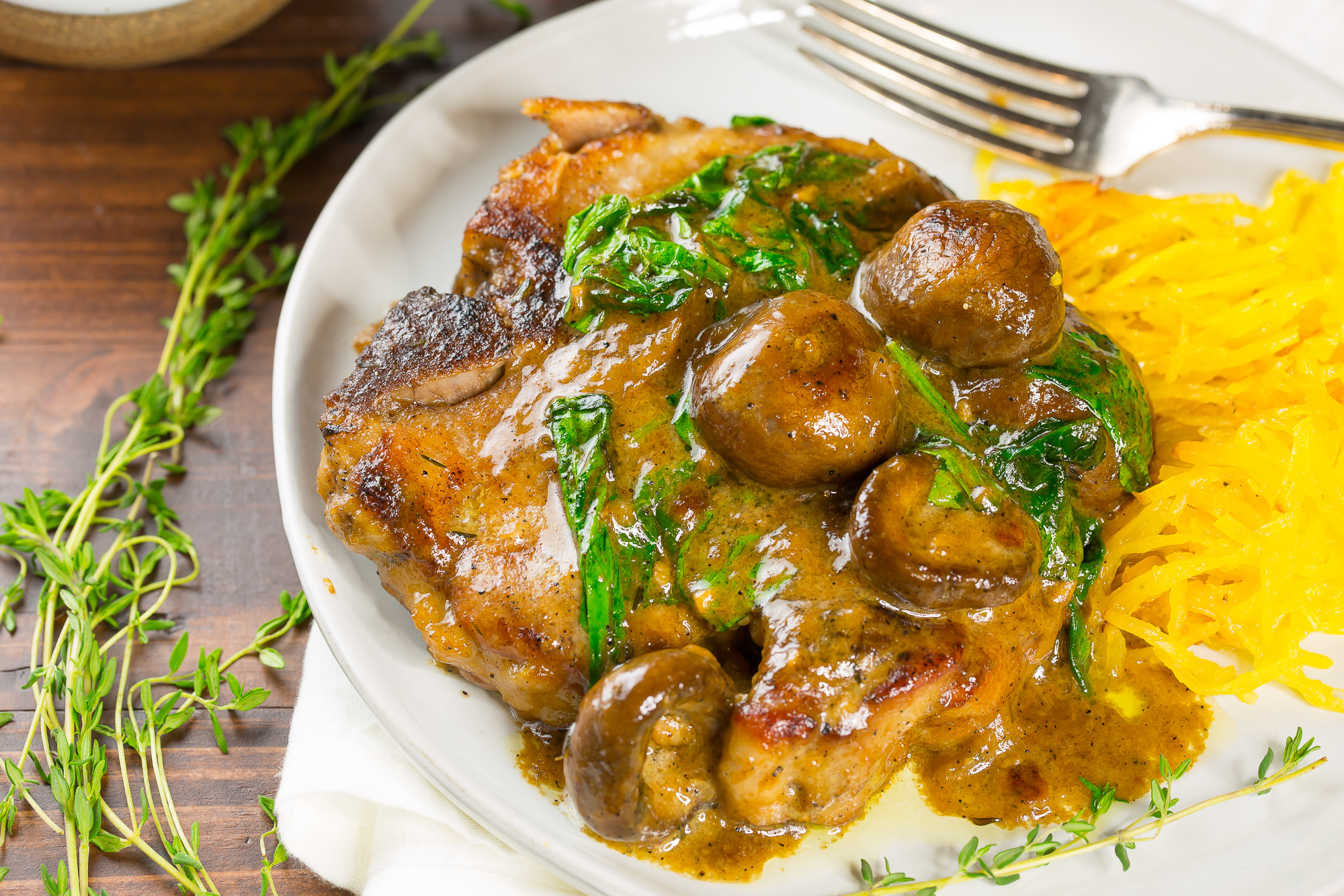 Pork chops with mushroom gravy and spaghetti squash