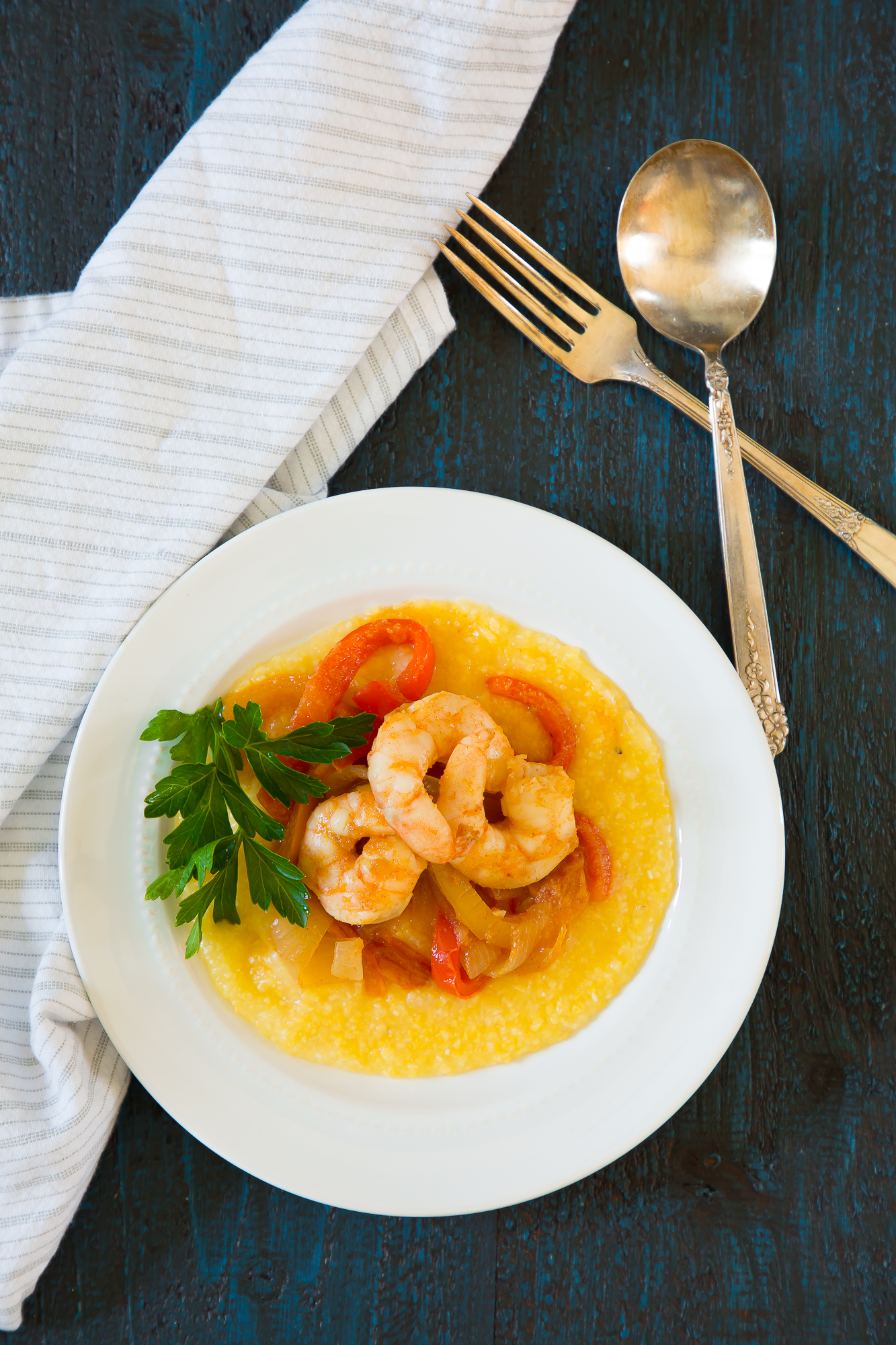 shrimp and peppers on creamy polenta
