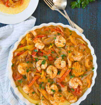 Shrimp and Peppers on Creamy Polenta