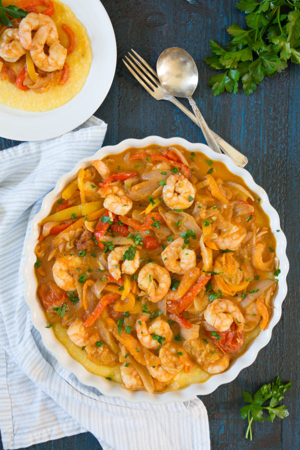 Delicious shrimp and peppers on creamy polenta