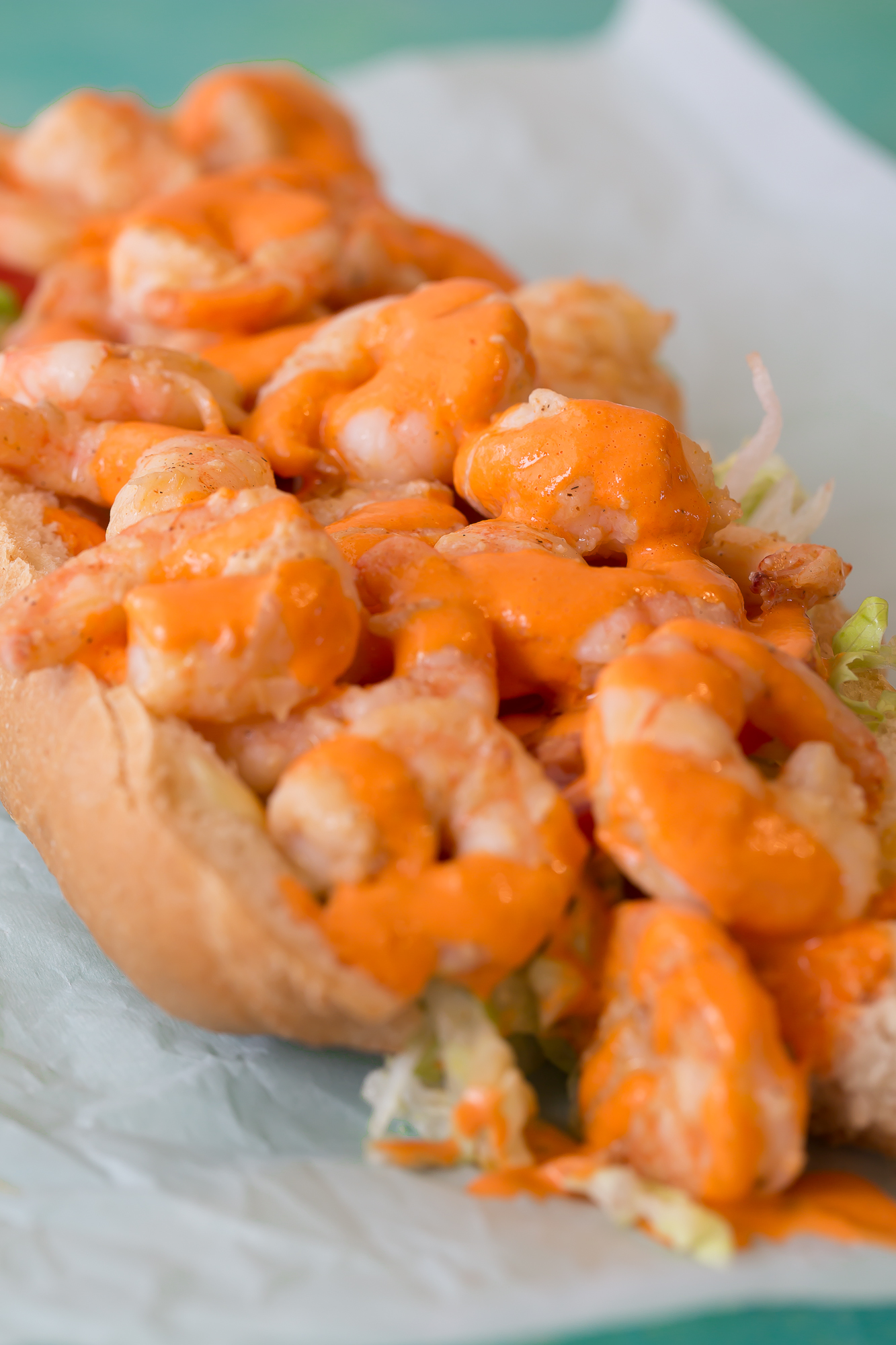 close up shrimp po' boy