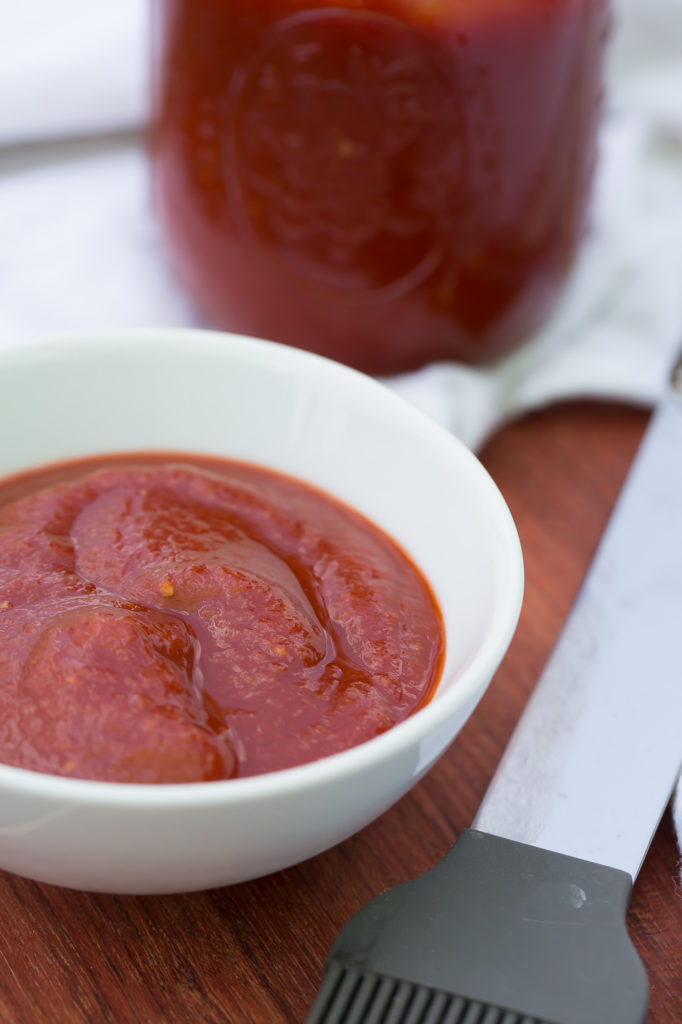 Sweet and spicy BBQ sauce in a white bowl