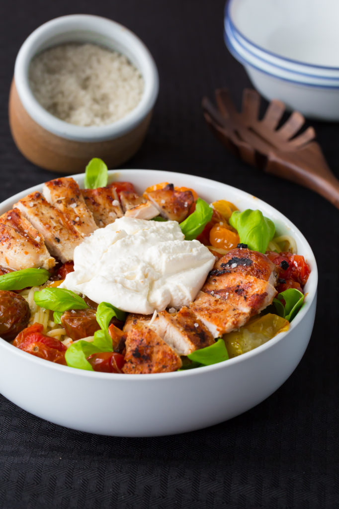 Caprese pasta salad with burrata