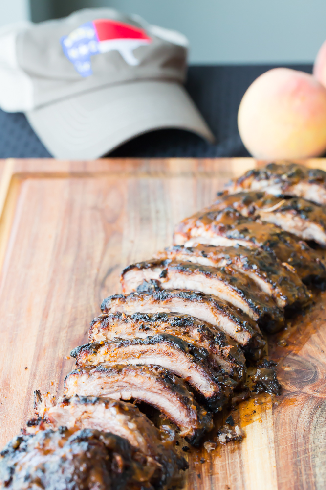 Bourbon peach grilled ribs sliced