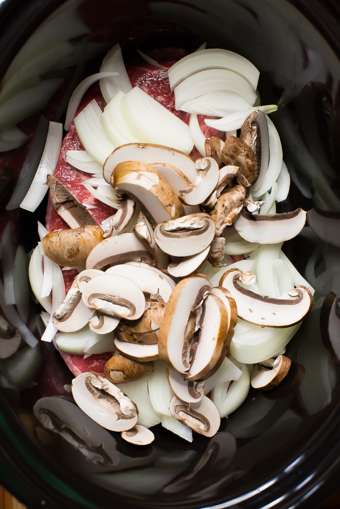 beef stroganoff ingredients in slow cooker