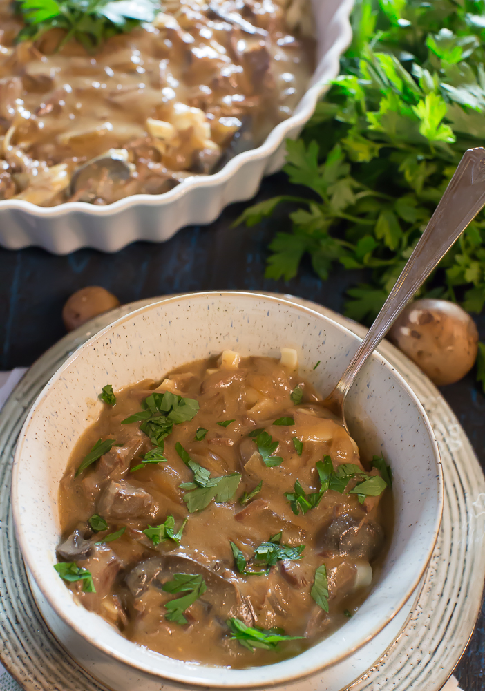 a bowl of beef stroganoff