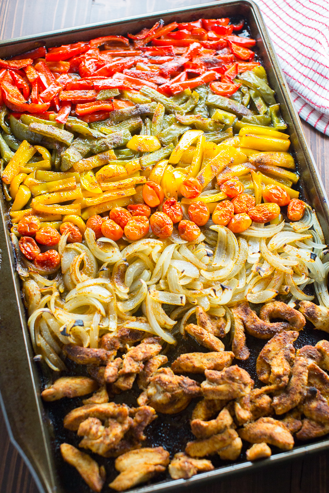 Baked chicken fajita bowls on a sheet pan